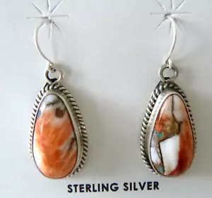 Signed Navajo Elouise Kee Spiny Oyster & Turquoise Earrings 925 Sterling Silver - Picture 1 of 2