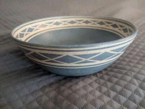 Studio Art Pottery Bowl Blue Matt Finish Etched Geometric Design 10.5" Signed - Picture 1 of 12