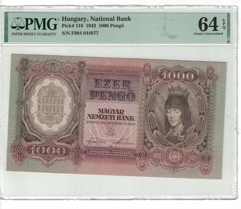Hungary 1000 Pengo 1943 PICK# 116 PMG: 64 EPQ UNC. #PL2094 Cover