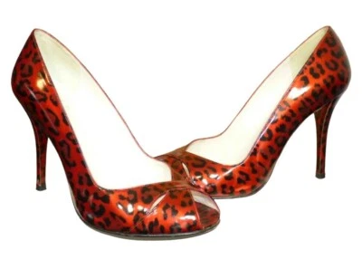 Stuart Weitzman F.Pinet Red Patent Leather Animal Print Peep Toe Shoes Uk 6.5 - Image 1 of 4