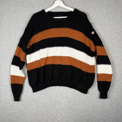 Lumiere Womens Size Large Pullover Sweater Brown Stripe Shoulder Button Details - Image 1 of 4
