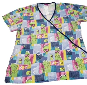 Wonderful World of Disney Womens Scrub Top XS Blue Short Sleeve V-Neck Muppets - Picture 1 of 8