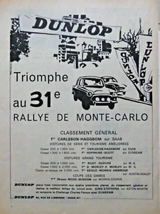 PUBLICITÉ PRESSE 1962 DUNLOP TRIOMPHE AU 31° RALLYE DE MONTE-CARLO SUR SABB - Imagen 1 de 1