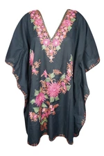 Boho Women Black Cotton Kimono Dress Floral Hand Embroidered Short Kaftan