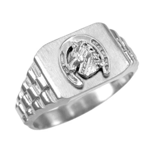 925 Sterling Silver Lucky Horseshoe Mens Rectangular Ring - Picture 1 of 2