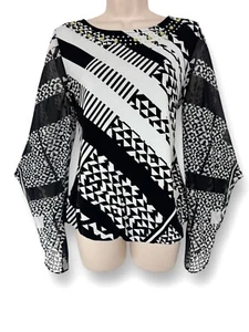 Size S Alfani Black & White Print Embellished Neckline Blouson Top Shirt Blouse - Picture 1 of 6