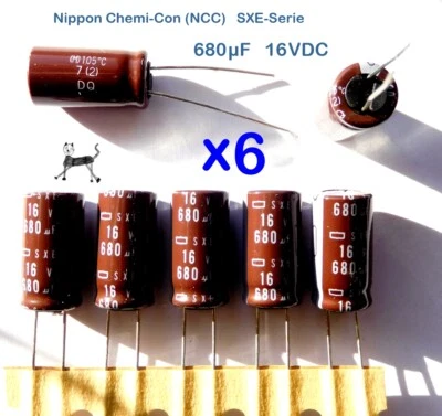 680uF 16V (6 Stück) - Nippon NCC Elko - SXE-Serie 105°C Low ESR - 10x20 - Bild 1 von 2