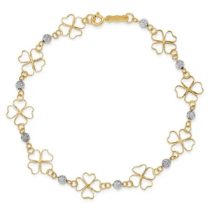 14K Solid Two Tone Gold Clover Shamrock Beads Chain Bracelet - Picture 1 of 12