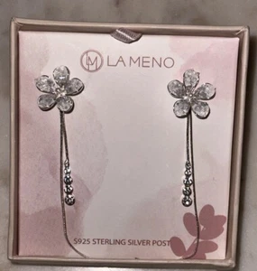 LA MENO 5925 STERLING SILVER Crystal Flower Drop Earrings - Picture 1 of 6