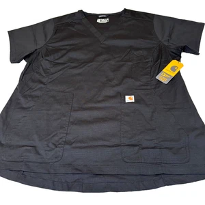 New Carhartt Women XL Rugged Flex Modern Fit V Neck Ripstop Scrub Pocket Black - Picture 1 of 8