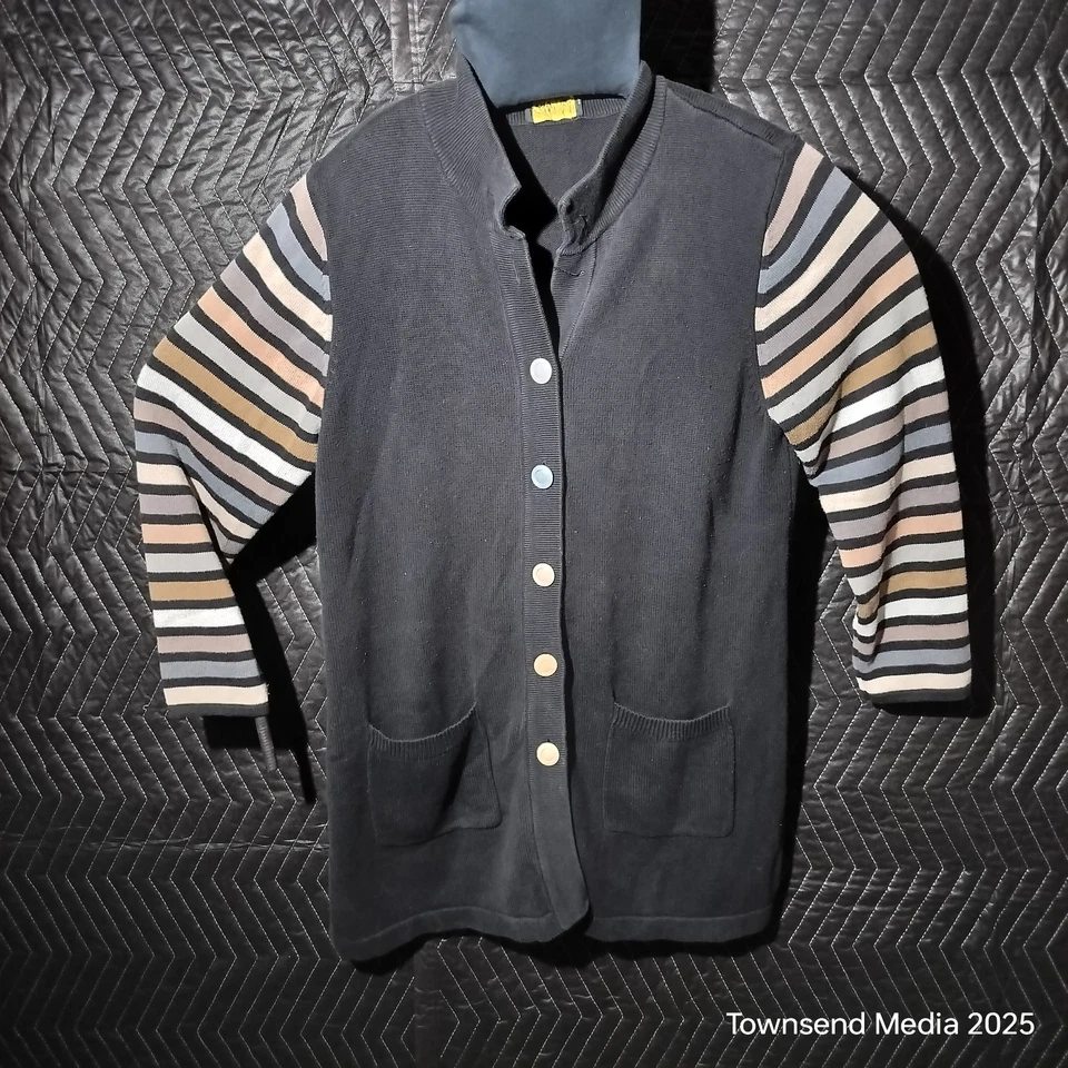 Suéter cárdigan artístico portátil Bob Mackie para mujer XL negro con mangas a rayas Foto 1 de 4