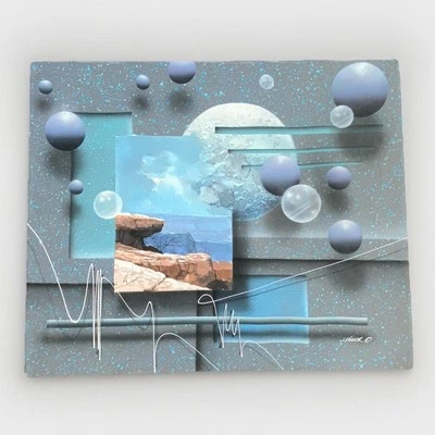 Ilusionismo abstrato original assinado por Josef JC Kugler 24” X 20” Moons Planets 3D - Imagem 1 de 4