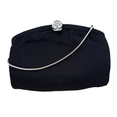 VTG Clutch Bag Purse Black Evening Wedding Bag Silver Tone Rose Bud By Admiral - Image 1 of 4
