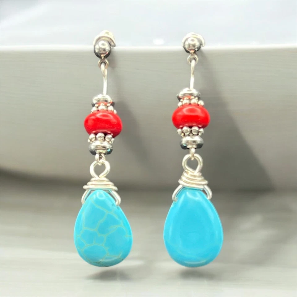 Boho silver and dyed howlite & turquoise 2" post earrings - Image 1 of 1
