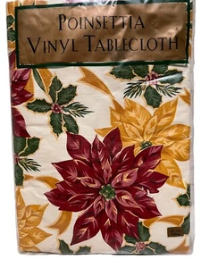 Christmas Holiday Poinsettia Vinyl Tablecloth 52" x 70" Oblong Vtg 1997 NEW - Picture 1 of 6