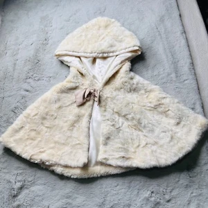 Monsoon Faux Fur Cape Girls 10-13 Satin Bow Tie Hooded Ivory Classic Quality - Picture 1 of 11