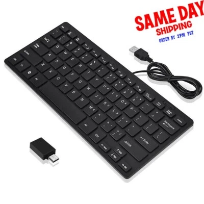 Ultra Thin Mini USB Wired Compact Keyboard f/ PC Laptop 78 Keys Waterproof Black - Image 1 of 4