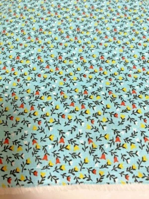 Country Calico Turquoise w small orange & Yellow flowers cotton Fabric per yard  - Image 1 of 2