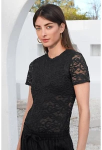 Johnny Was XL Astrid Mesh Top ~ schwarz ~ kurzärmelig ~ bestickt ~ enge Passform - Bild 1 von 6