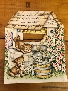 Vintage Die Cut Greeting Card Cats Kitty Kitten In Well Get Well Soon - Picture 1 of 3