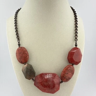 20” Chico’s Bronze Tone Dyed Coral Dyed Red Quartz Chunky Beaded Modern Necklace - Image 1 of 4