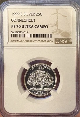 1999 S Silver 25C CONNECTICUT State Quarter NGC PF70 ULTRA CAMEO Brown Label - Image 1 of 2