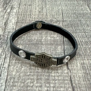 HARLEY DAVIDSON Black Leather Metal Nut & Coil Logo Bar & Shield Bracelet 9" - Picture 1 of 9