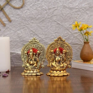 6.5" Hindu Goddess Laxmi Lord Ganesha Ornate Statue Sculpture Metal Home Temple - Picture 1 of 4