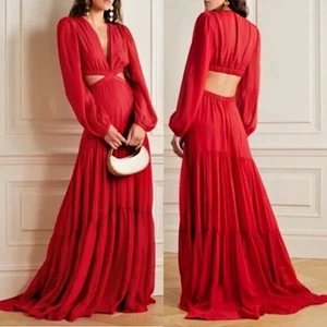 NWT A.L.C. Isabelle Cutout Long Sleeve Tiered 100% Silk Maxi Dress Sz 0 - Picture 1 of 6
