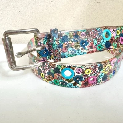 Jelly Y2K Plástico Transparente Moda Cinturón Floral Flores Ojales Tono Plateado 40” De Colección Foto 1 de 4