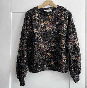 BURU Black Glitter Boucle Sweater Metallic Witchy Snappy Pullover Womens S - Picture 1 of 13