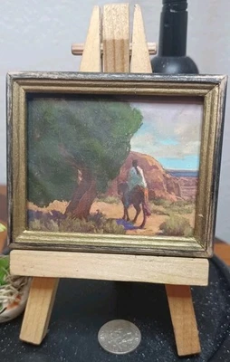 Mini pintura paisaje caballo nativo americano casa de muñecas vintage firmada artesanalmente Foto 1 de 3