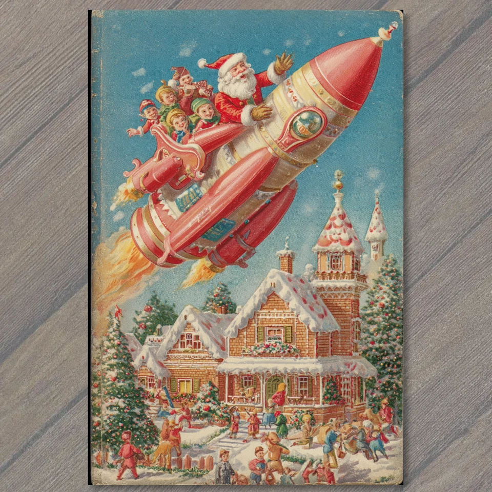 POSTAL Santa Cohete Barco Elfos Pan de Jengibre Casa Nevada Navidad De Colección Retro Foto 1 de 1