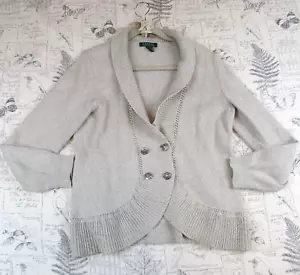 LAUREN Ralph Lauren Sweater Womens Gray Ruffled Double-Breasted Knit Cardigan XL - Picture 1 of 8