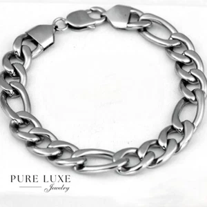 Men's 8.5" Silver.Stainless Steel 10mm Figaro Chain Bracelet Classics + BOX - Picture 1 of 3