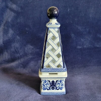 Bombay Blue White Chinoiserie Votive Candle Holder Lattice Cut Obelisk Tower - Image 1 of 4