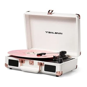 Vinyl Record Player Bluetooth Vintage 3-Speed Portable Suitcase White Rose Gold - Picture 1 of 7