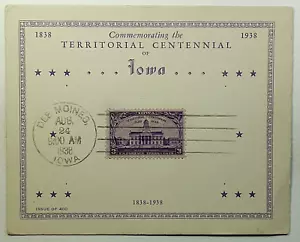 1938 FDC Des Moines Iowa Territorial Centennial First Day Cover Card #262 of 400 - Picture 1 of 2