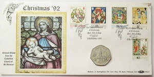 Moneda de 50 peniques y 5 estampillas Benham Isla de Man Navidad 1992 raras 213 de 500 - Imagen 1 de 2