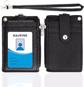 HASFINE ID Badge Holder with PU Leather Zipper Pocket & Lanyard, 2 Sided 5 Card - Picture 1 of 12