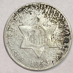 1853 Three Cent Silver Trime Almost Uncirculated AU Coin #20139 - Picture 1 of 3