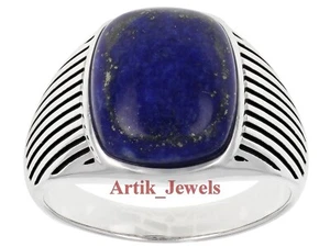 Natural Lapis Lazuli & Black Enamel With 14K White Gold Plated Silver Men's Ring - Picture 1 of 12