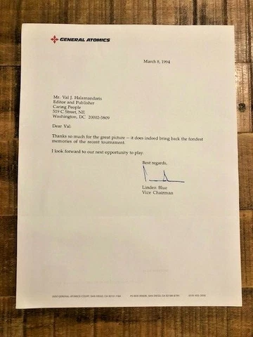 1 ORIGINAL Letter to Val Halamandaris/NAHC Fm: Linden Blue/ Owner Gen Atomics Cover