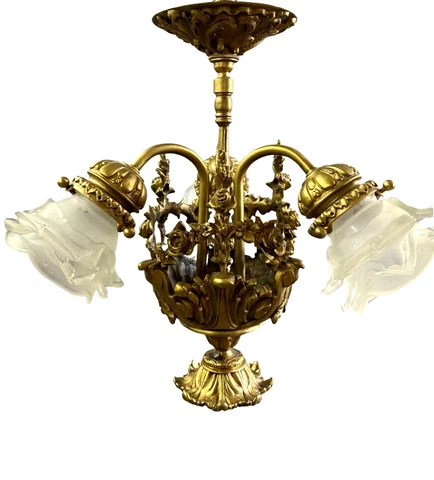 Victorian French 3-Light Bronze Basket Chandelier Frosted Glass Petal Shades Cover