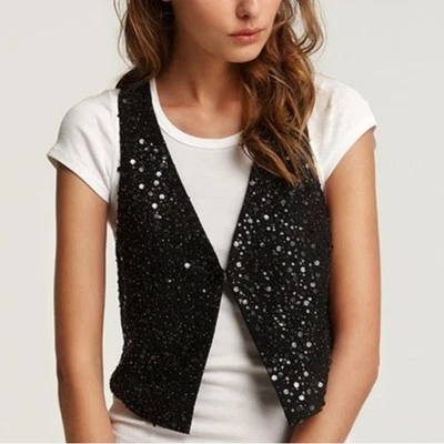 Colete Eileen Fisher lantejoulas incrustadas Matka seda corrida costas preto cropped tamanho M - Imagem 1 de 4