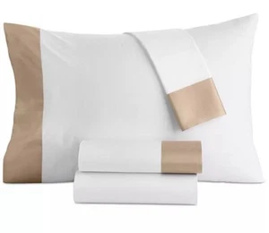 Hotel Collection Italian Percale Sateen Cuff 4-Pc. Queen Sheet Set White/Gold - Picture 1 of 5