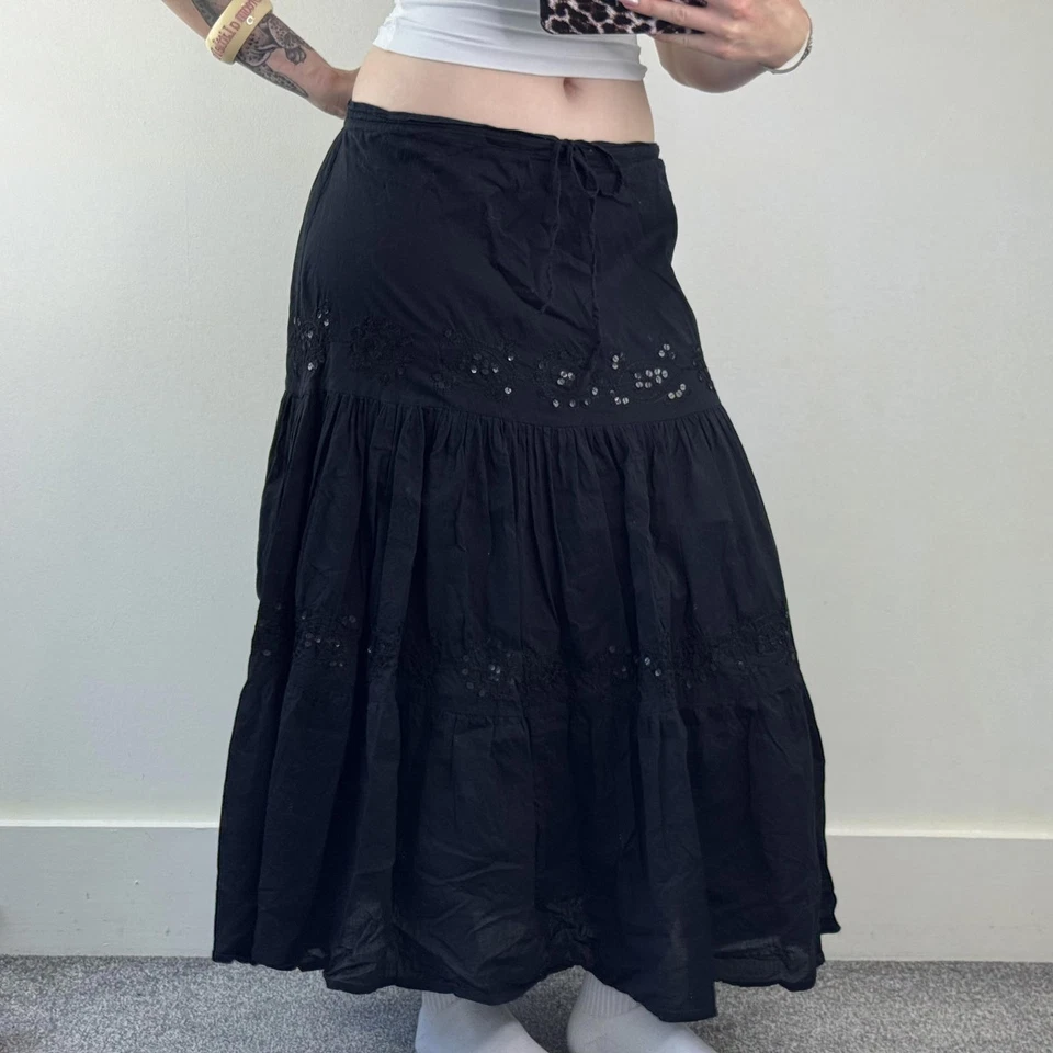 Y2K Vintage Boho Maxi Falda Lentejuelas Una Línea Cordón Bordado Ligero  Foto 1 de 4