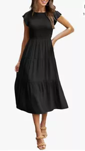 Merokeety XL Black Smocked Short Flutter Sleeve Dress Tiered Pockets Midi - Picture 1 of 12