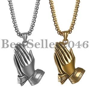 Men Women Praying Hands Pendant Necklace Stainless Steel Chain for Christian 22" - Picture 1 of 15