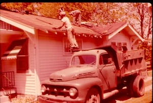 vintage 35mm slide African American man work on roof off 1950s Ford dump truck - Picture 1 of 1